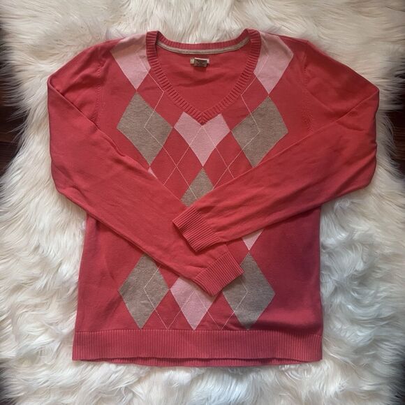 Argyle Sweater Large Izod Salmon Cotton Pink Tan Long Sleeves V Neck Preppy Golf - Picture 4 of 11